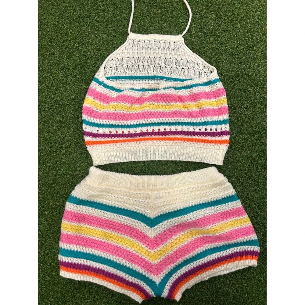 Boho Multi Color Striped Crochet Knit 2 Piece Set Halter Top and Shorts Large